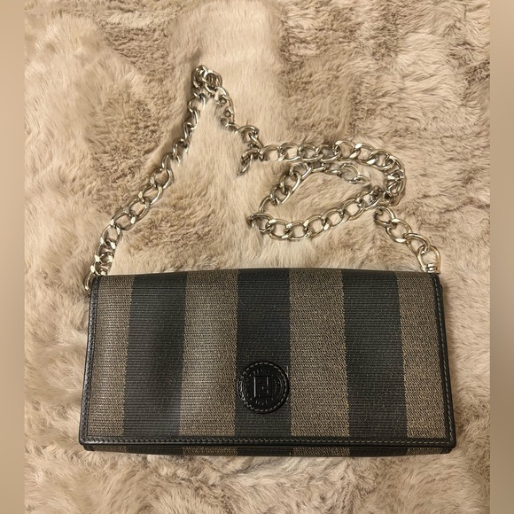 FENDI Striped Black and Tan Chain Shoulder Bag